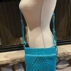 Brahmin crossbody. Blue croc embossed leather. 6 card slots and ID holder.